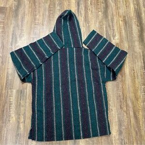 Earthbound Mens Mexican Poncho Hoodie‎ Green And Black Striped Comfy Vintage 42L
